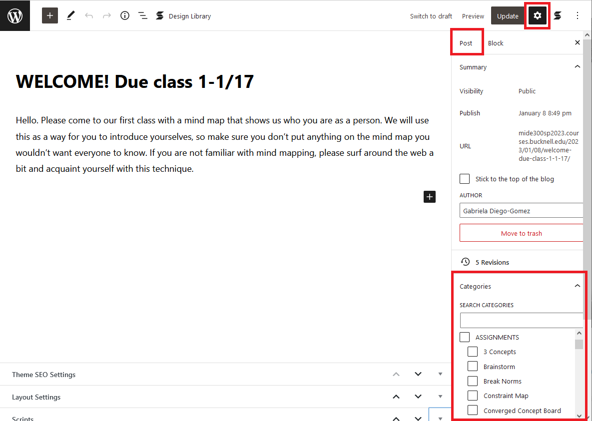 The editing view for a WordPress post, showing the gear menu open on the right, the Posts tab selected, and the Categories tab highlighted where you can add categories to your post.